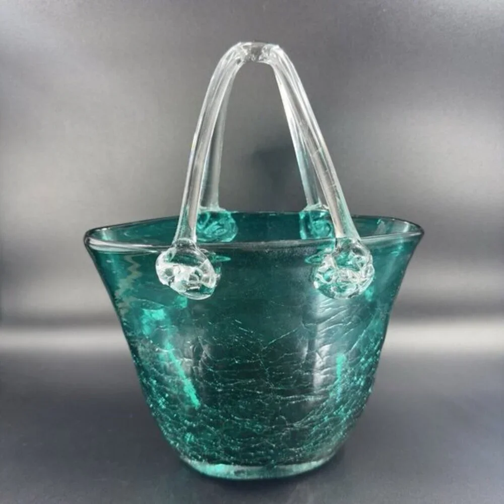 Hand Blown Green Crackle Glass Purse Shape Vase Glassware Decor‎ Clear Handles